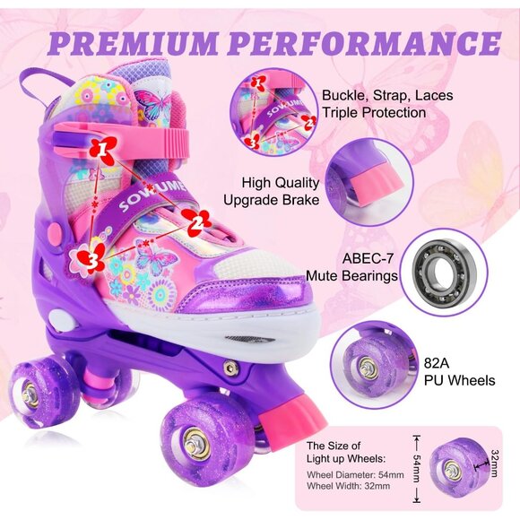 Sowume Kids Purple Adjustable 8 Wheels Shine Safe And Fun Illuminating Skates - Picture 3 of 7